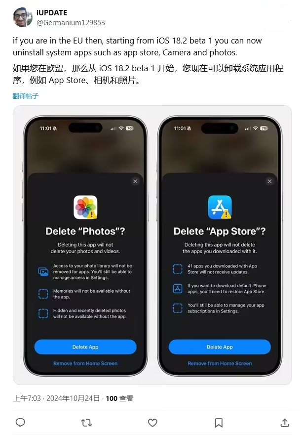 普兰店苹果手机维修分享iOS 18.2 支持删除 App Store 应用商店 