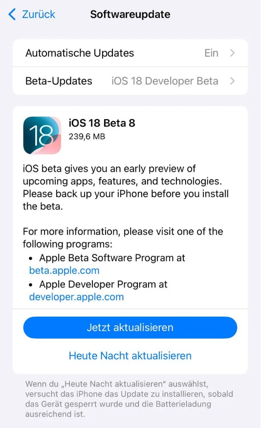 普兰店苹果手机维修分享苹果 iOS / iPadOS 18 开发者预览版 Beta 8 发布 